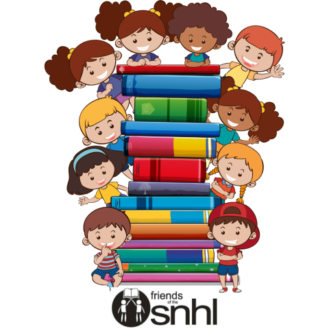 Children on Stack of Books with Friends of SNHL Logo