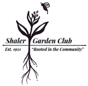 Black & white line drawing of a plant with roots and a pollinator hovering over it, with the Shaler Garden Club logo