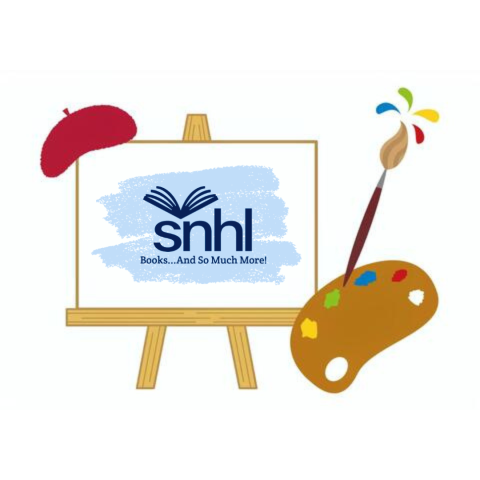 Canvas on easel with beret hanging from corner, and a pallet with a paintbrush loaded with colorful paint
