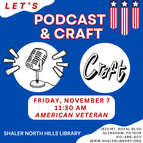 Microphone and cross-stitch graphics with the word Crafts on two white circles with a blue background and red American Flag details