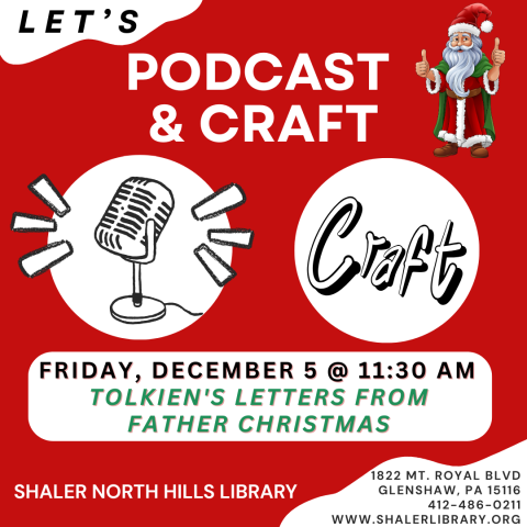 Microphone and cross-stitch graphics with the word Craft on two white circles with a red background and a colorful graphic of Father Christmas in the upper left corner