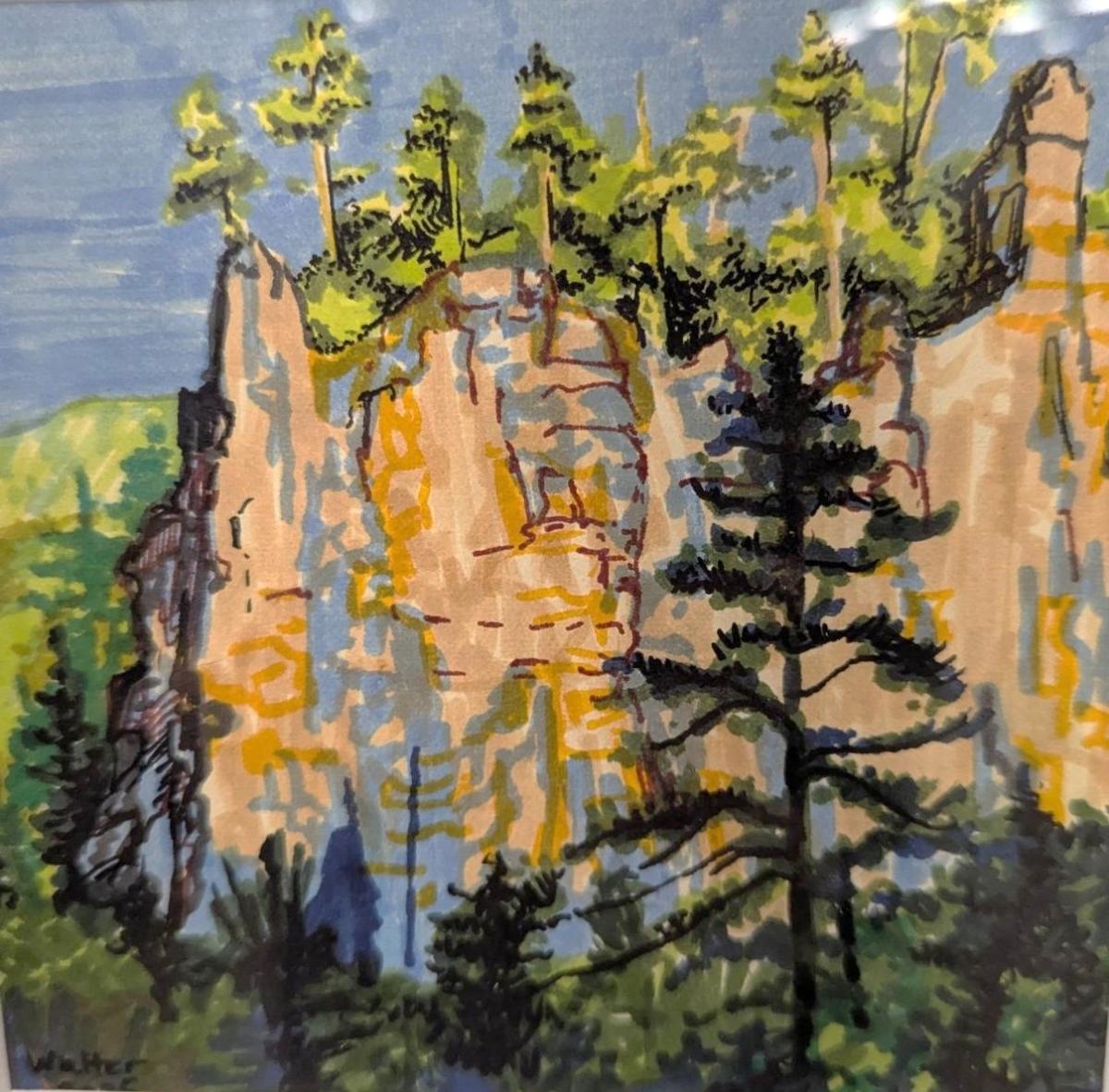 Plein Air watercolor of cliffs and trees