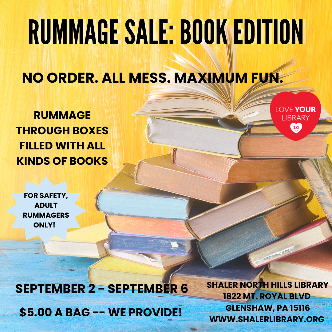 Colorful jumbled stack of books on a golden background with the Love Your Library logo